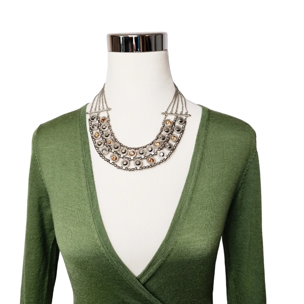 Silver Tone Metal Multi Chain Glass Gem Adjustable Collar Necklace Brutalist